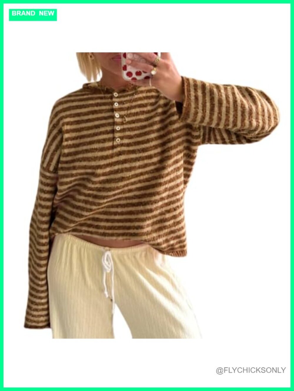 Striped Henley Sweater Long Sleeve Knit Pullover Top